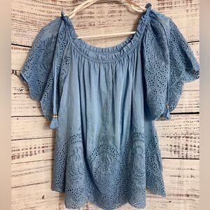 Hale Bob Womens Sz S Eyelet Off the Shoulder Boho Top Blouse Embroidered Blue